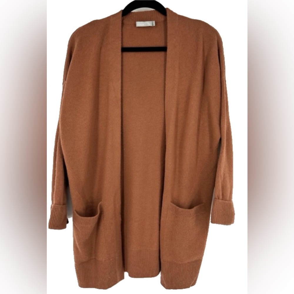 Vince Open-Front Long Cashmere Cardigan in Rusty Brown